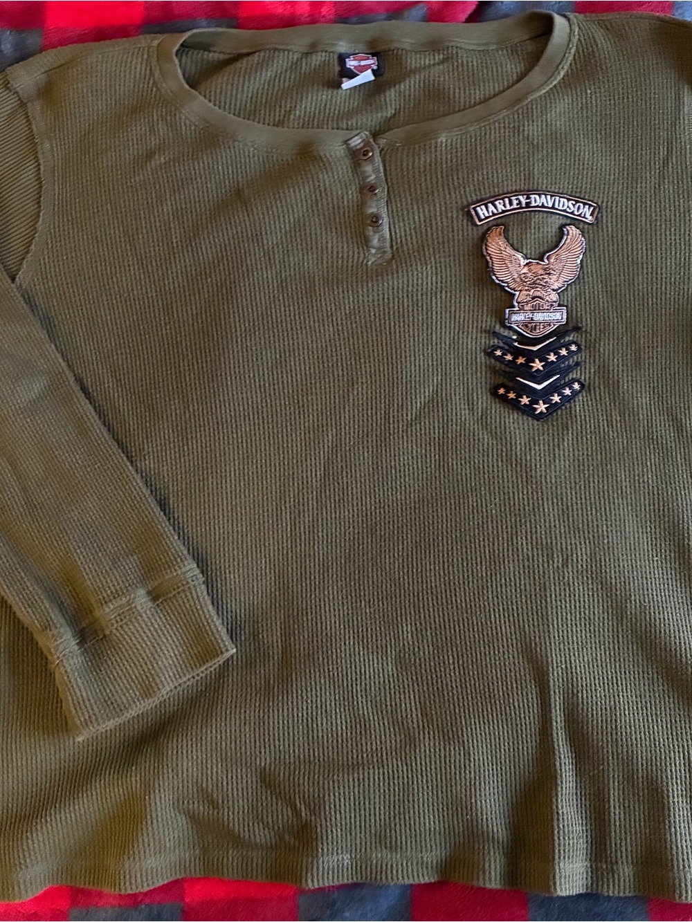 Women’s Harley-Davidson Olive Green Waffle-Knit Henley with Eagle Patch